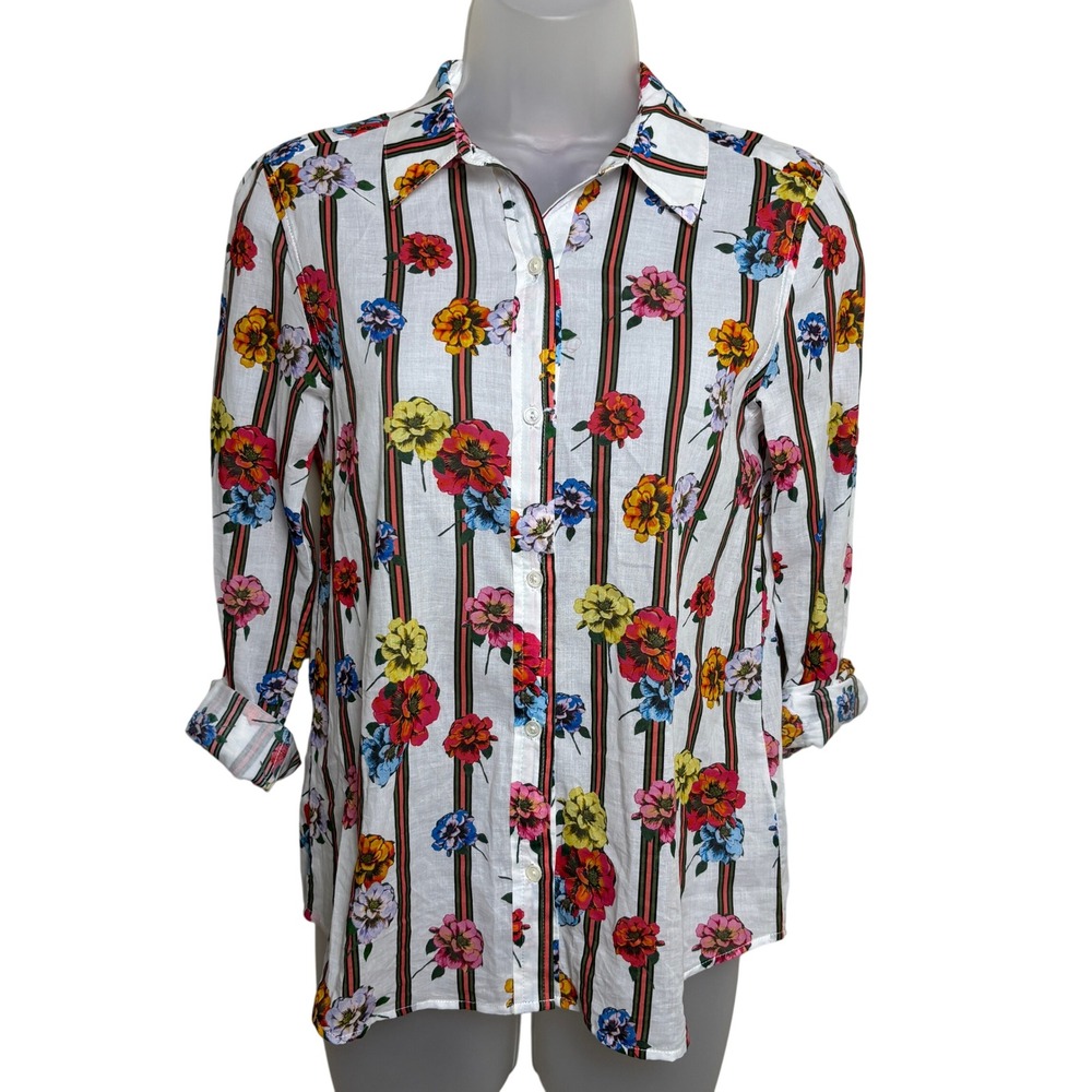 Ecru Multicolor Floral Striped Long Sleeve Button Up Shirt Blouse Top Womens XS